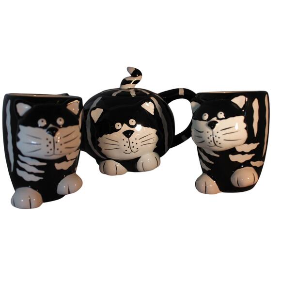 Burton & Burton Chester The Cat Ceramic Teapot & 2 Cat Mugs CLEAN - Picture 1 of 10